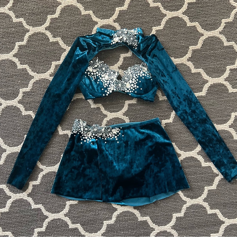 Velvet teal blue 2 piece dance costume